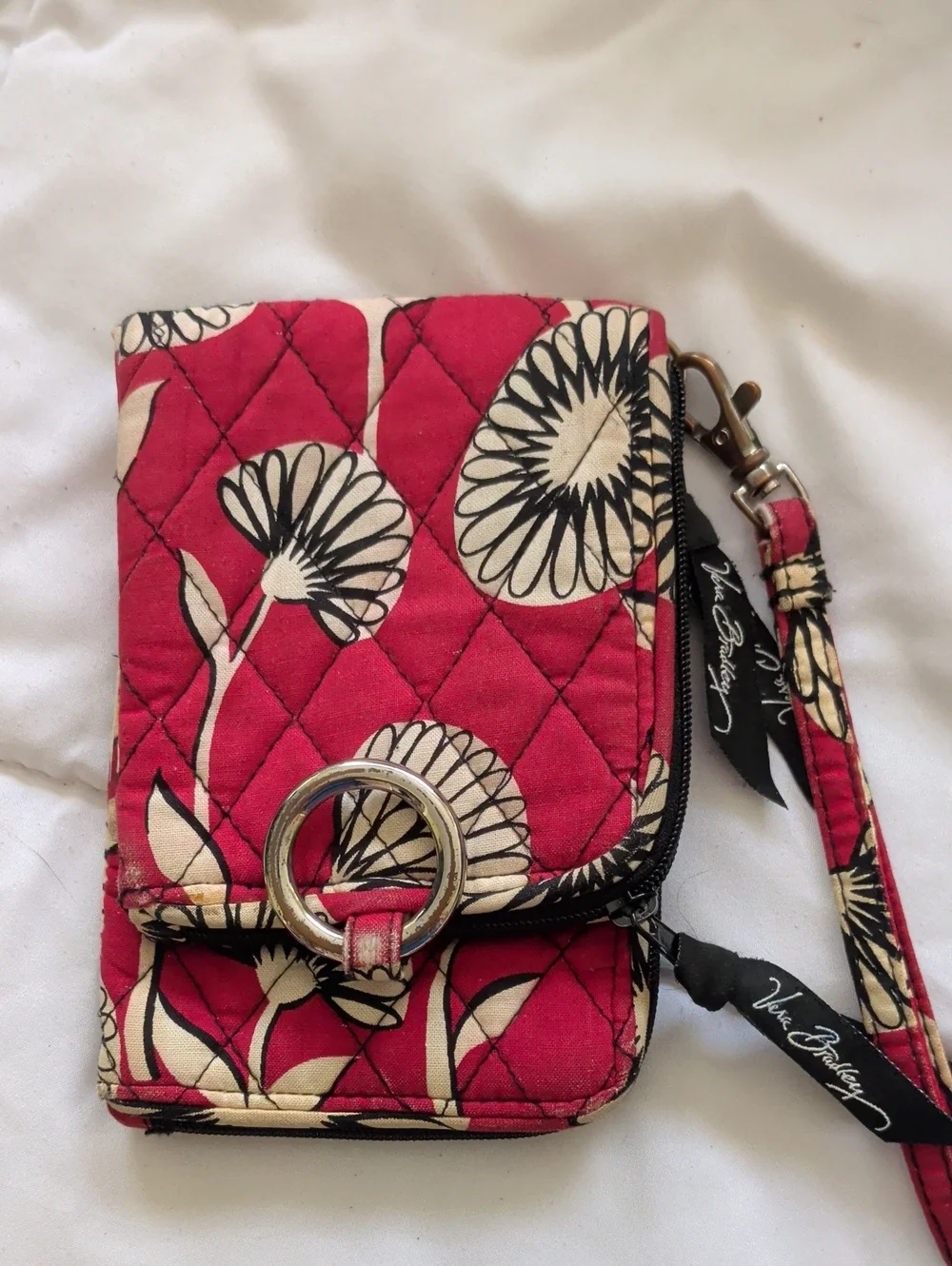 Vera Bradley Quilted Floral Wristlet in Fuchsia and Cream